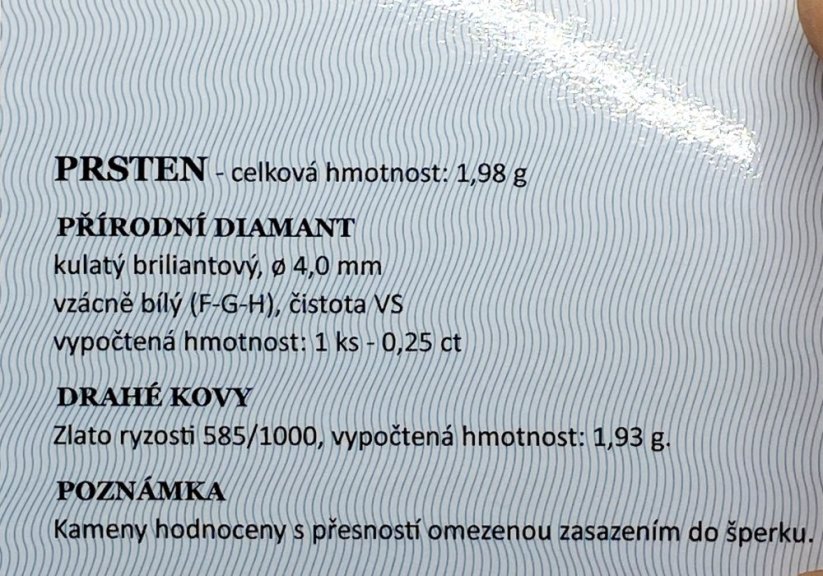 Zlatý prsten s Diamantem 0,25 Ct